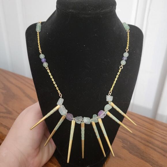 Green Fluorite green and purple crystal necklace, gold verdigris patina spikes - Picture 1 of 4